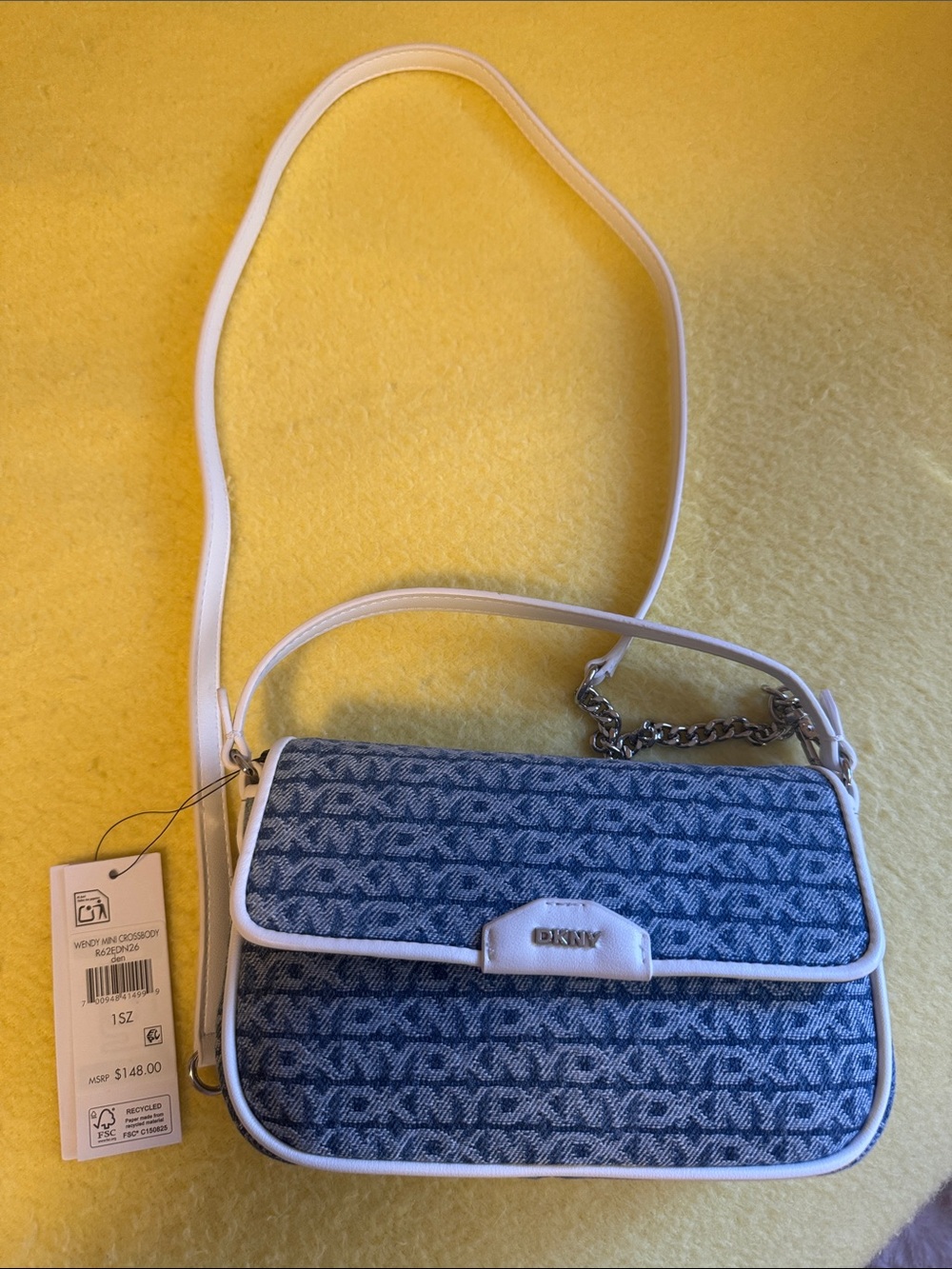 DKNY Blue Monogram Crossbody with White Trim and Chain Accent
